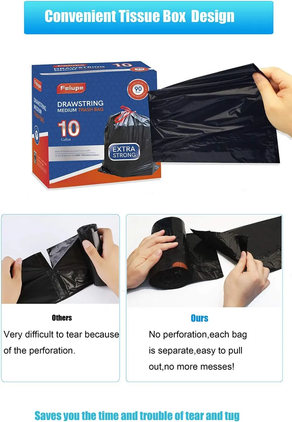 10 Gallon Drawstring Trash Bag Garbage Bag Trash Can Liner,0.9 Mil,90 Count (Black, 10 Gallon)