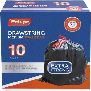 10 Gallon Drawstring Trash Bag Garbage Bag Trash Can Liner,0.9 Mil,90 Count (Black, 10 Gallon)