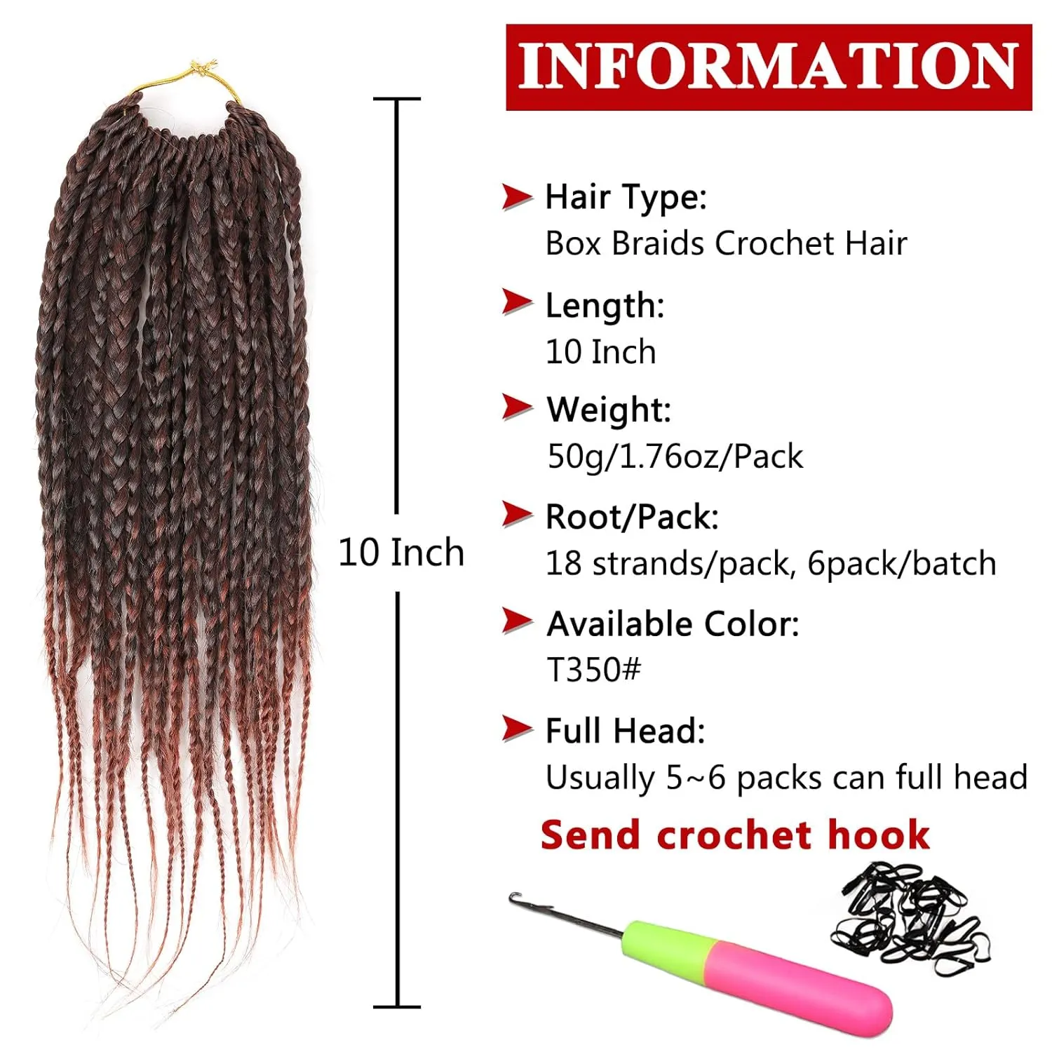 10 Inch Box Braids Crochet Hair Pre-looped 6 Packs Bohemian Short Bobo Box Braids Hair Extensions Copper Red Synthetic Crochet Hair for Women (18Strands/pack T350#)
