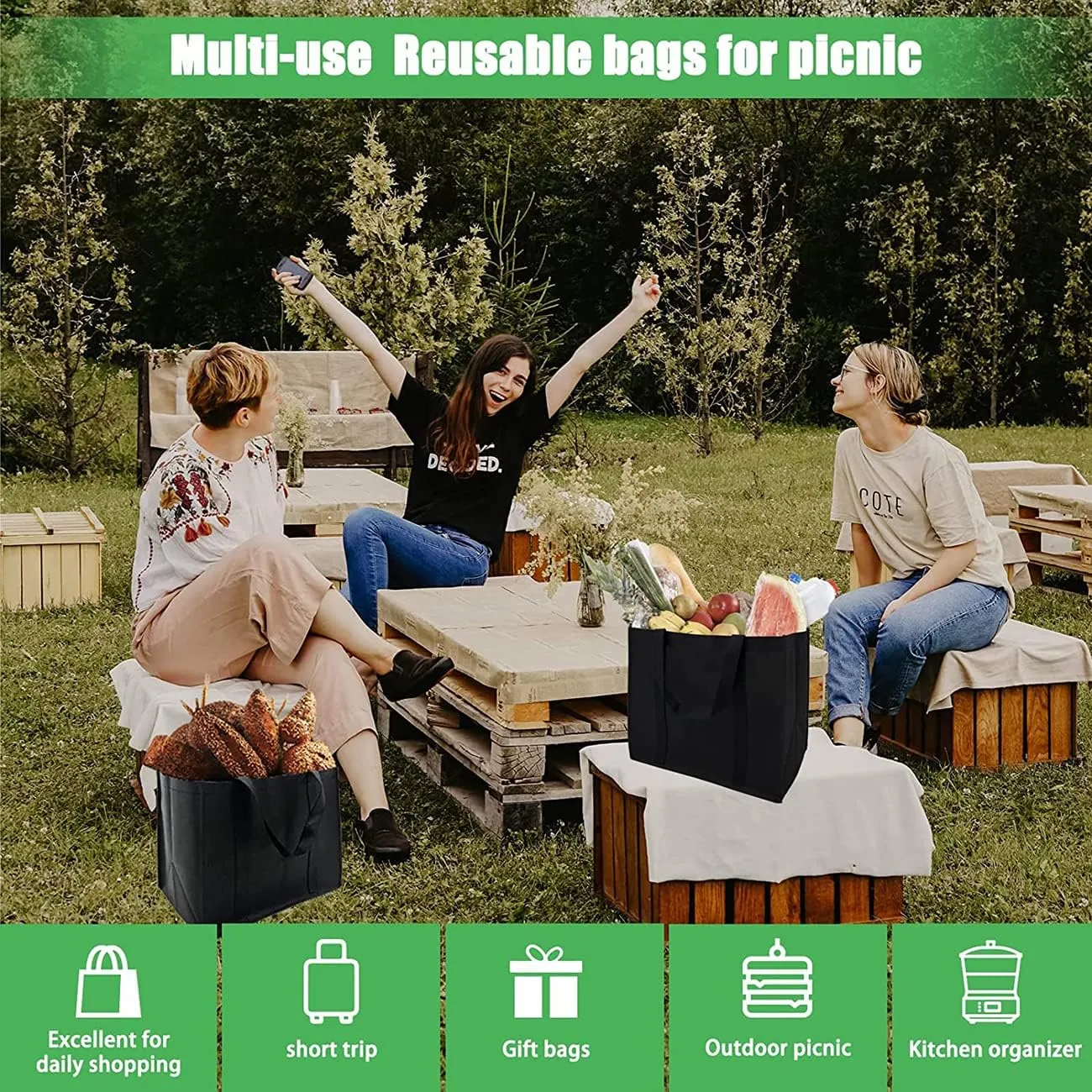 10 Pack Reusable Grocery Shopping Bags,Eco Produce Bags,Large Foldable Tote Bags with Long Handle