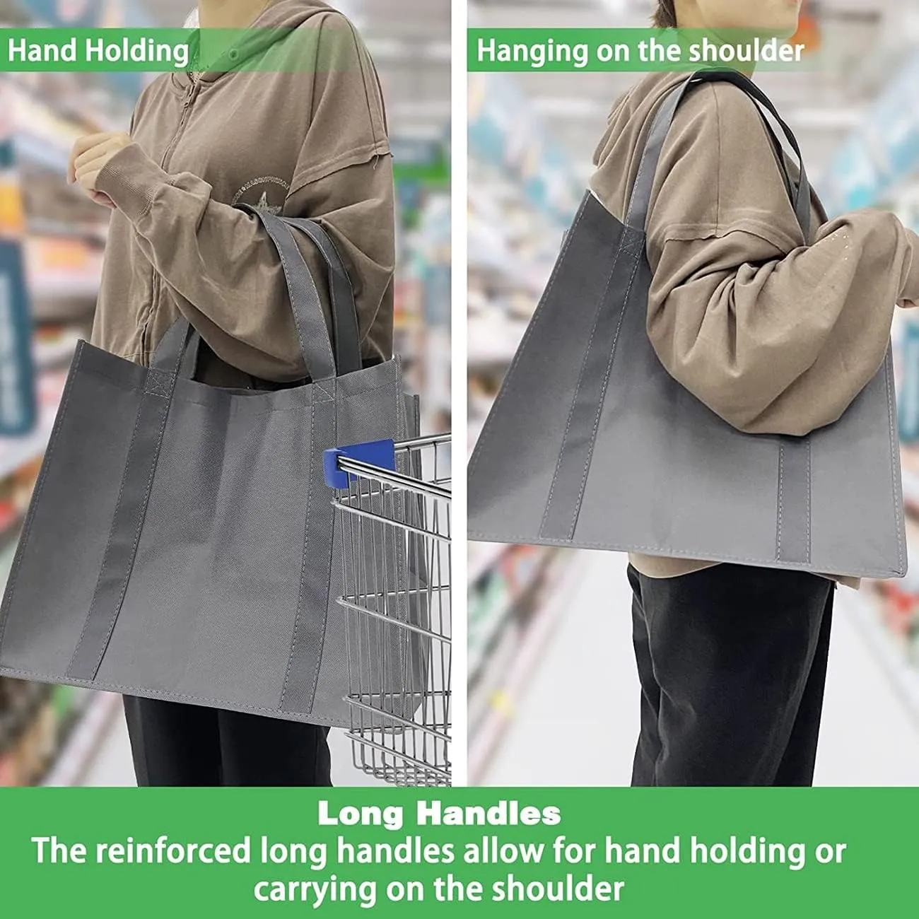 10 Pack Reusable Grocery Shopping Bags,Eco Produce Bags,Large Foldable Tote Bags with Long Handle