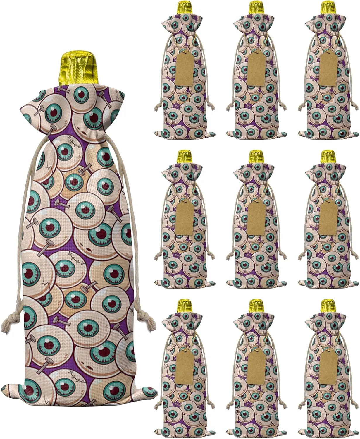 10 Pcs Premium Wine Bottle Gift Bags with Drawstring Halloween Theme, Zombie Eyeball Reusable Wine Gift Bag for Christmas, Wedding, Birthday,Holiday Party, Housewarming, Home Storage