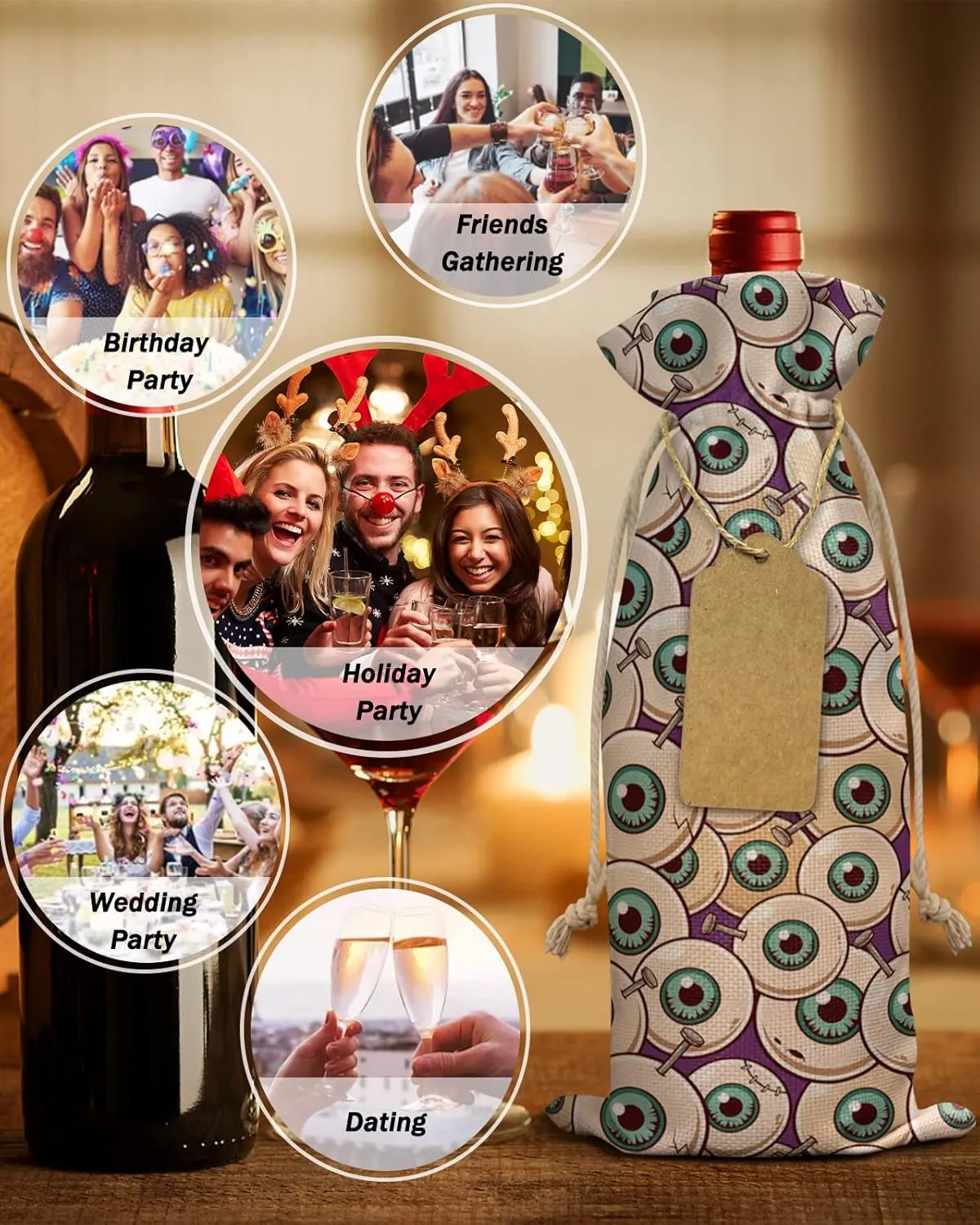 10 Pcs Premium Wine Bottle Gift Bags with Drawstring Halloween Theme, Zombie Eyeball Reusable Wine Gift Bag for Christmas, Wedding, Birthday,Holiday Party, Housewarming, Home Storage