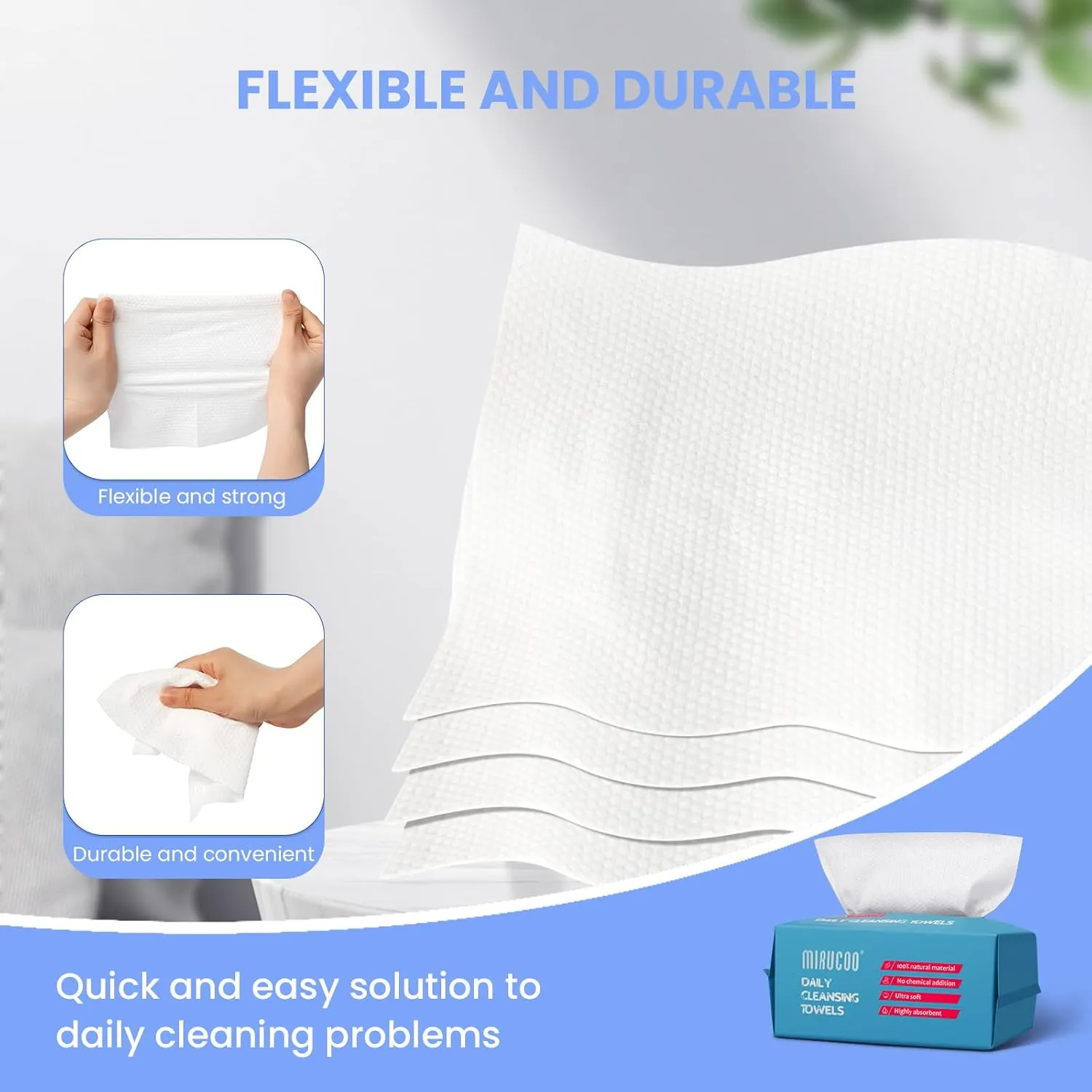 100 Sheet Daily Cleansing Towels Ultra Soft Dry Wipes for Sensitive Skin Disposable Facial Washcloths 100% Organic Viscose (Pack of 3)