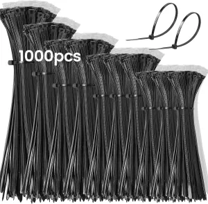 1000 Pcs Black Cable Zip Ties Assorted Sizes 14/12/10/8/6/4 Inch Heavy Duty Plastic Wire Ties UV Resistant Tie Wraps Mixed Pack Self Locking Nylon Wire Ties