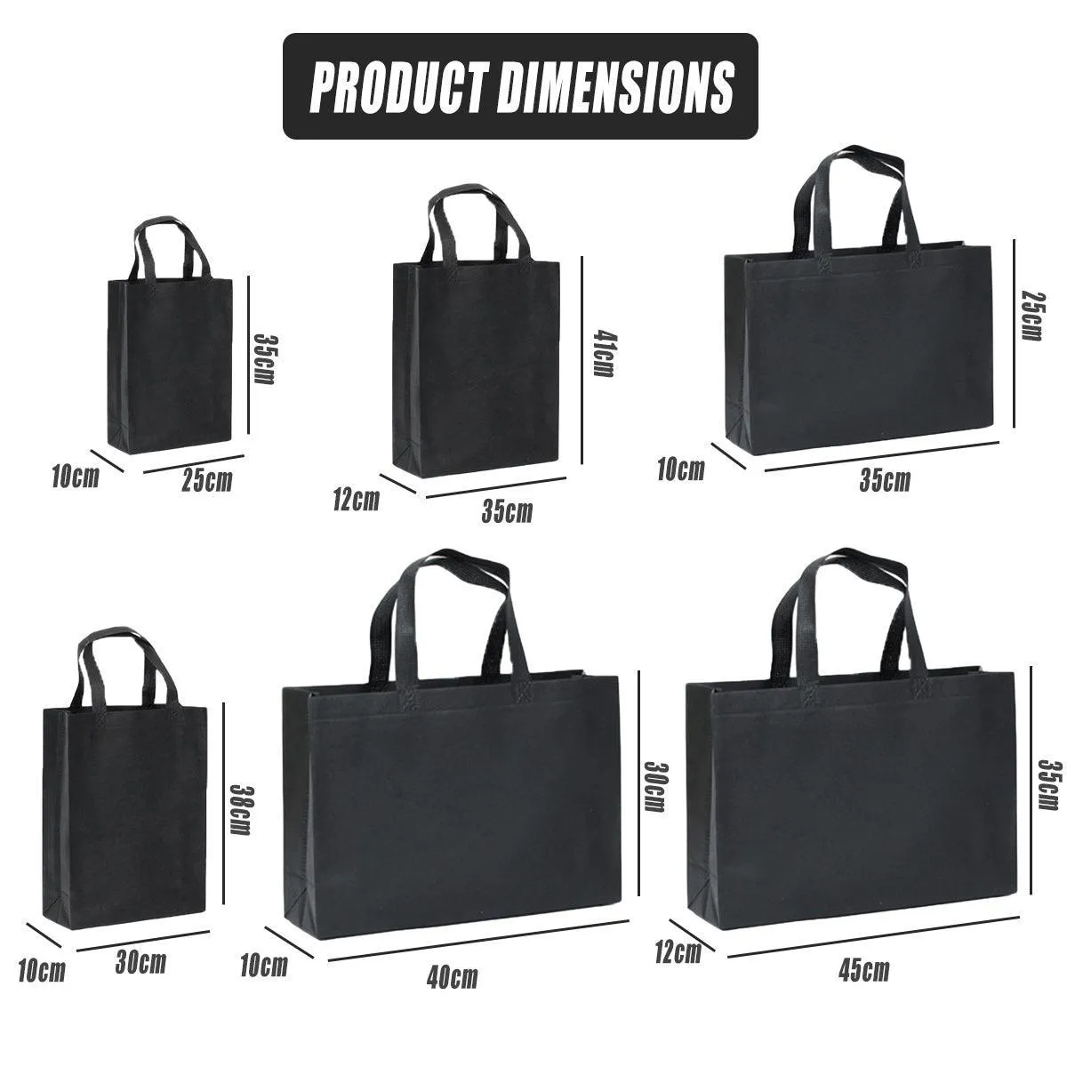 100PCS Reusable Non Woven Shopping Bags Eco Friendly Washable Tote Bags Black