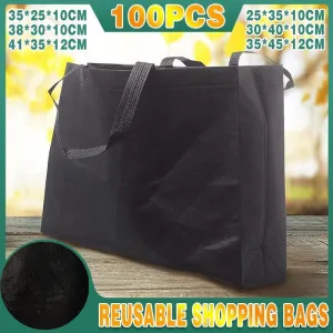 100PCS Reusable Non Woven Shopping Bags Eco Friendly Washable Tote Bags Black