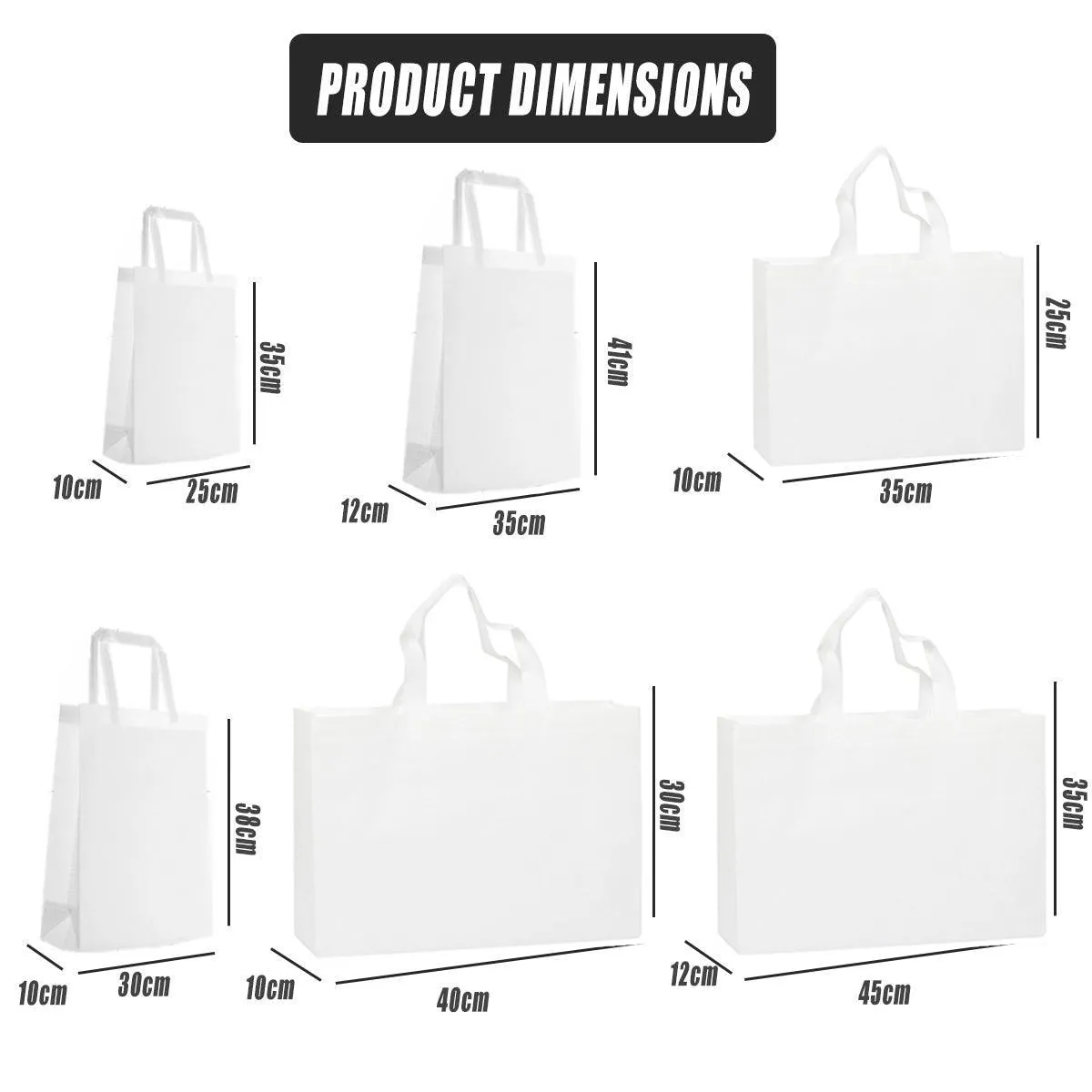 100PCS Reusable Non Woven Shopping Bags Eco Friendly Washable Tote Bags White