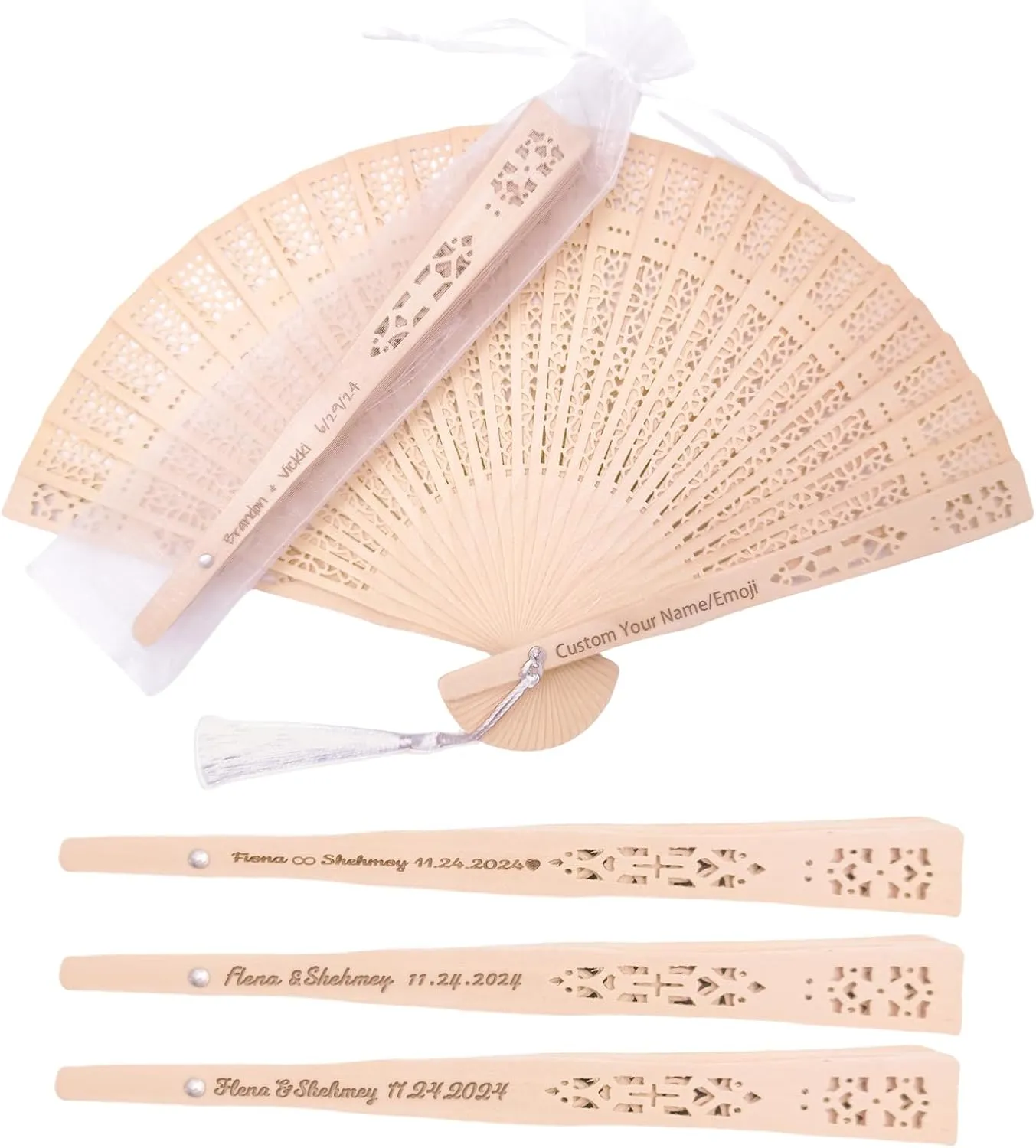 100Pcs Wedding Fans Personalized Folding Hand Fans Custom Sandalwood Wedding Fans with Organza Bags Wedding Party Favor Abanicos De Mano Wedding Fans for Guests (100)