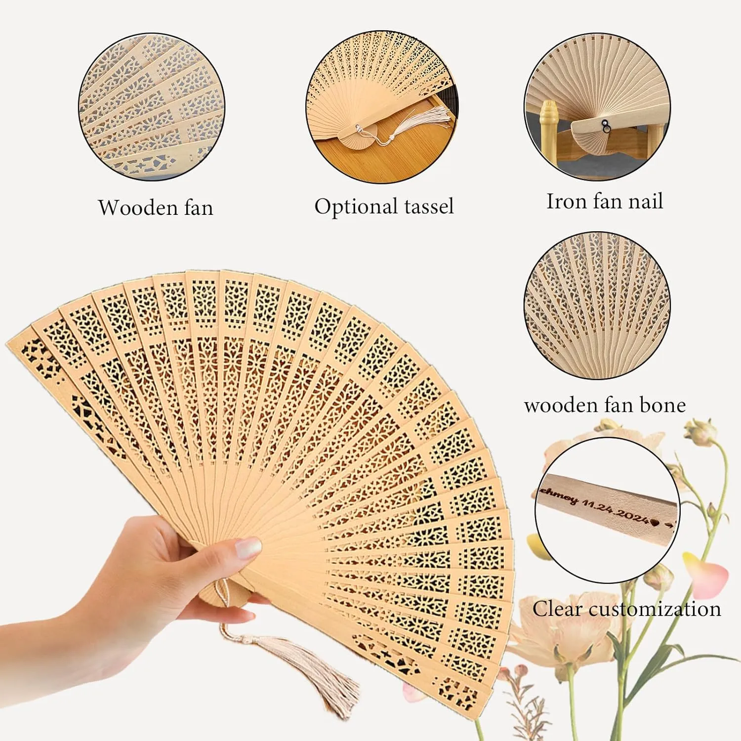 100Pcs Wedding Fans Personalized Folding Hand Fans Custom Sandalwood Wedding Fans with Organza Bags Wedding Party Favor Abanicos De Mano Wedding Fans for Guests (100)