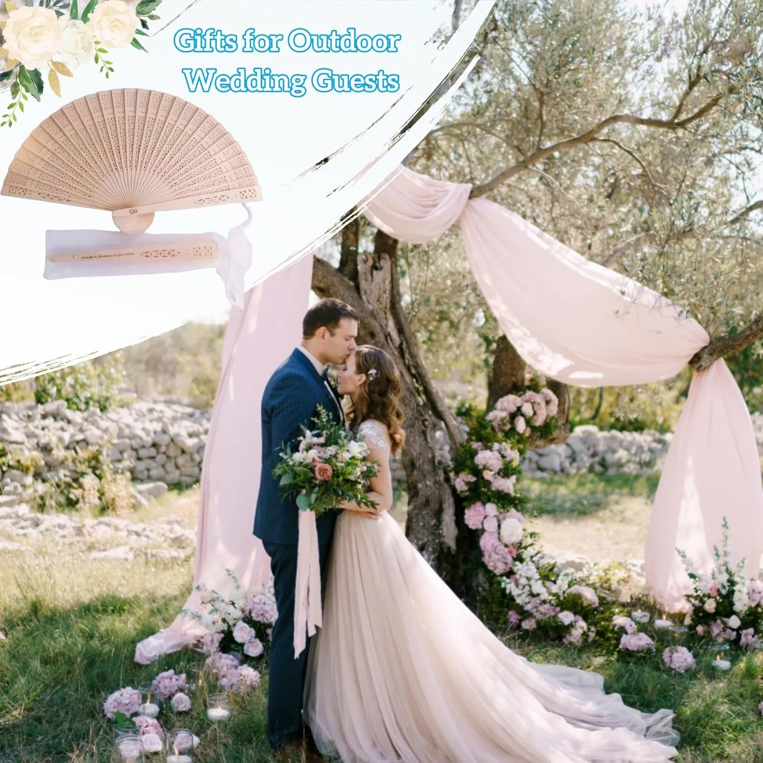 100Pcs Wedding Fans Personalized Folding Hand Fans Custom Sandalwood Wedding Fans with Organza Bags Wedding Party Favor Abanicos De Mano Wedding Fans for Guests (100)