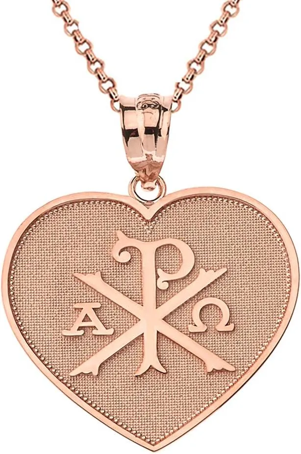 10k Rose Gold Heart Shaped Chi Rho Alpha Omega Symbol Pendant Necklace