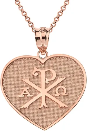 10k Rose Gold Heart Shaped Chi Rho Alpha Omega Symbol Pendant Necklace