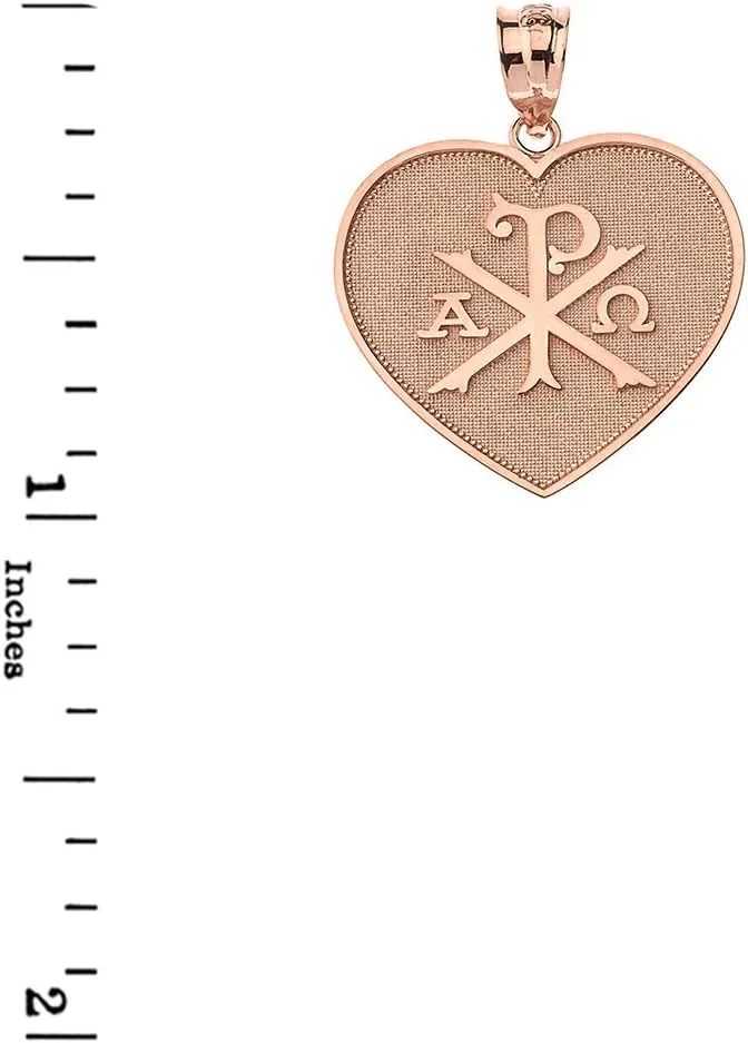 10k Rose Gold Heart Shaped Chi Rho Alpha Omega Symbol Pendant Necklace