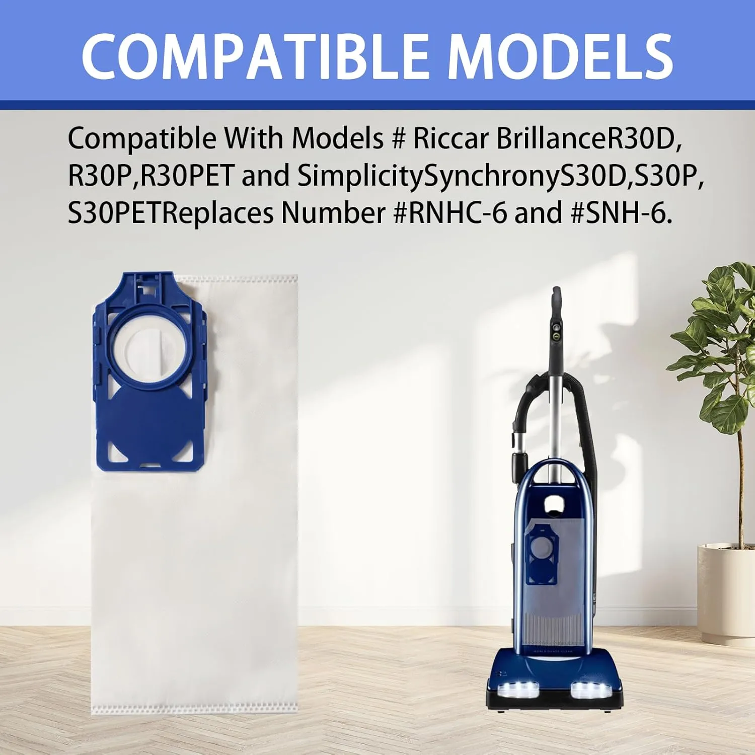 10Pack R30D HEPA Vacuum Bags Compatible with Riccar Brilliance R30D, R30P, R30PET & Simplicity Synchrony S30D, S30P, S30PET Upright Vacuums Cleaner, Part RNHC-6/SNH-6