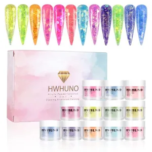 12 Colors Mermaid Hexagon Chunky Glitter Acrylic Powder Set for Nail Extension, Carving & Dipping 3 in 1 Professional Polymer Nail Powder with Glitter, No Nail Lamp Needed