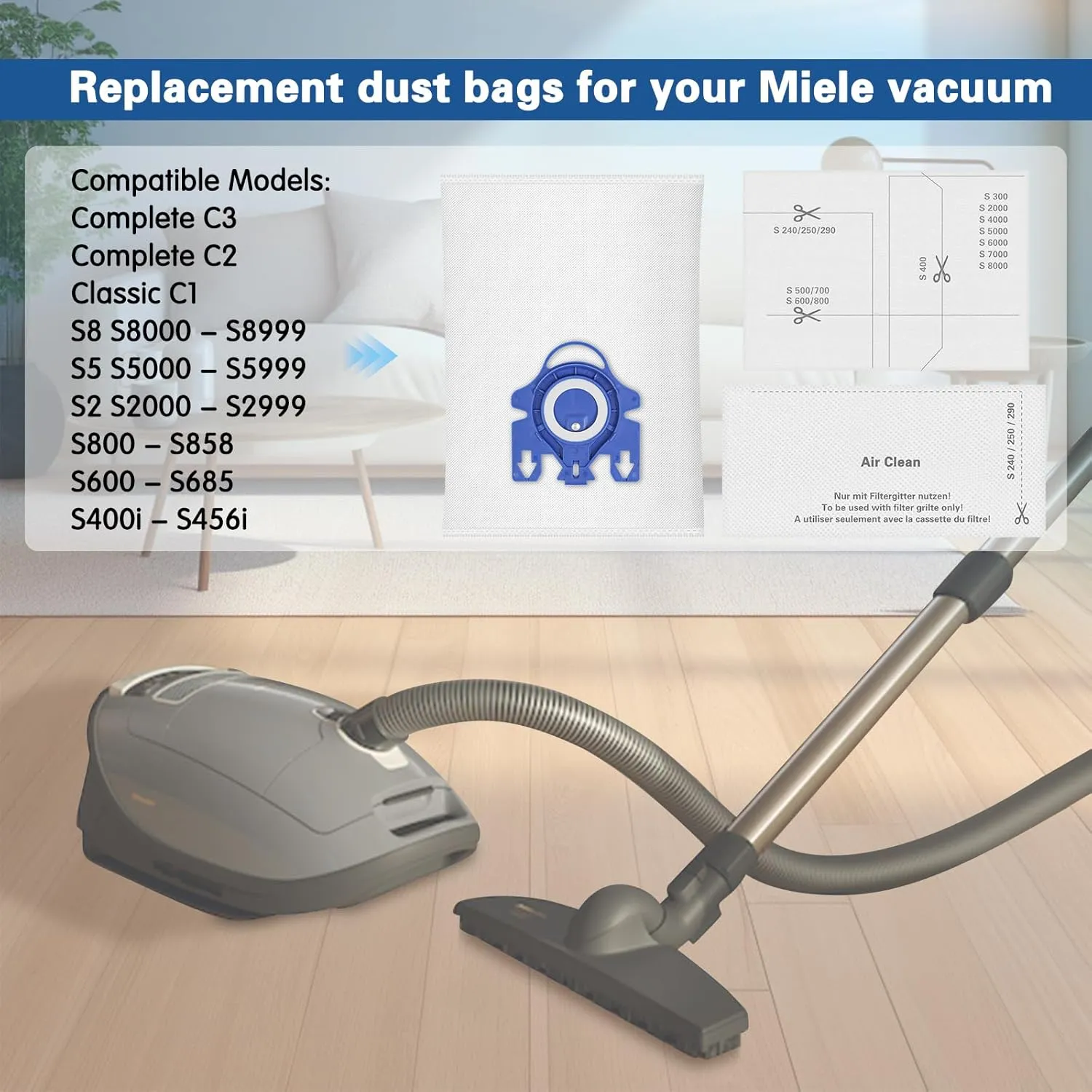 12 Pack 3D Airclean Dust Bags Compatible with Miele GN Vacuum Cleaner Bags for Classic C1 Complete C2 Complete C3 S2 S5 S8 S400i S600 S800 Series with 4 Motor Filters, 4 Exhaust Filters