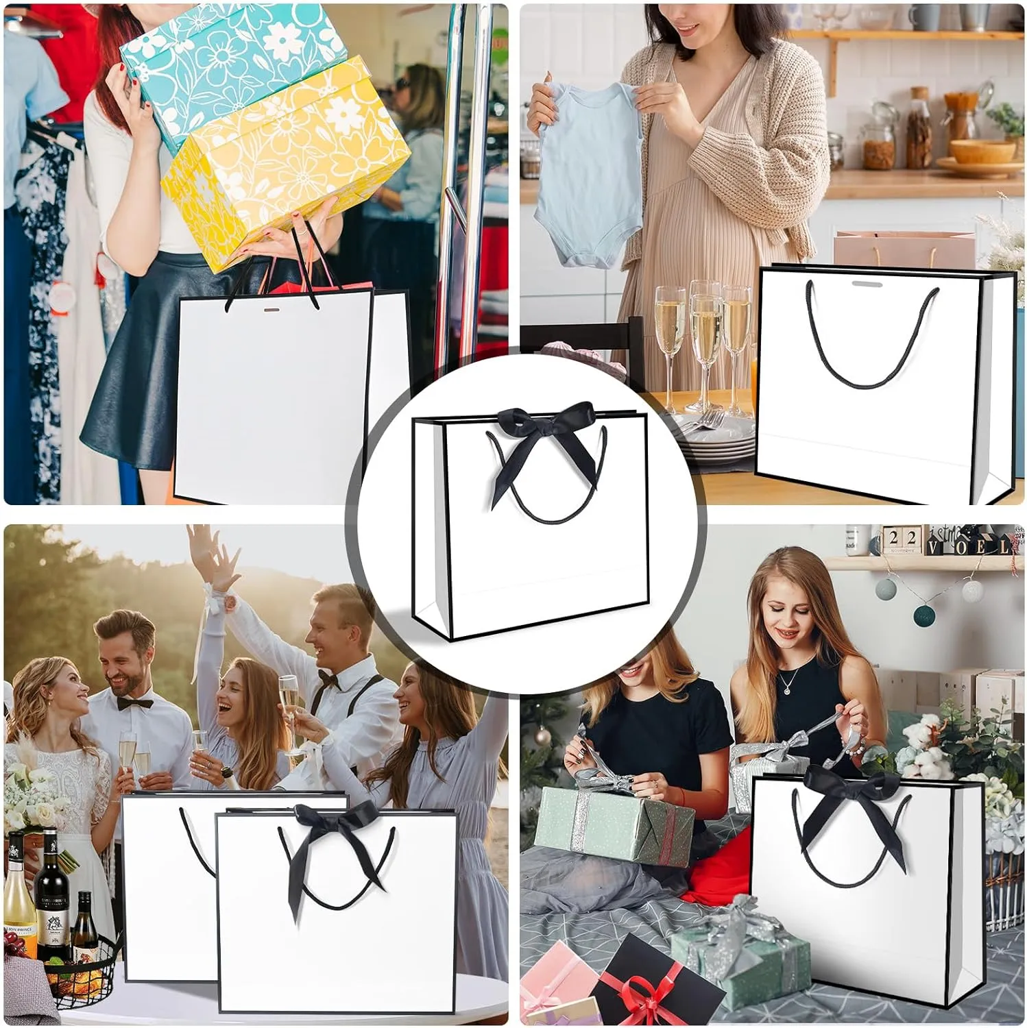 12 Pack Gift Bag with Bow Ribbon Horizontal Paper Gift Bags Bulk for Women Men Birthday Wedding Bridesmaid Party Favor Shopping Retail Gift Sacks (White, 12.6x4.3x10.5 Inch (Pack of 12))