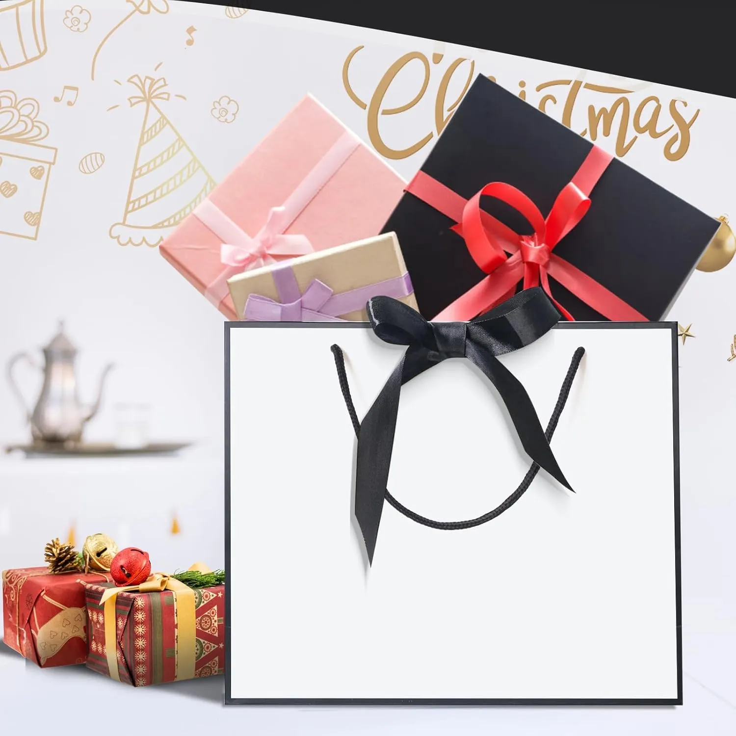 12 Pack Gift Bag with Bow Ribbon Horizontal Paper Gift Bags Bulk for Women Men Birthday Wedding Bridesmaid Party Favor Shopping Retail Gift Sacks (White, 12.6x4.3x10.5 Inch (Pack of 12))