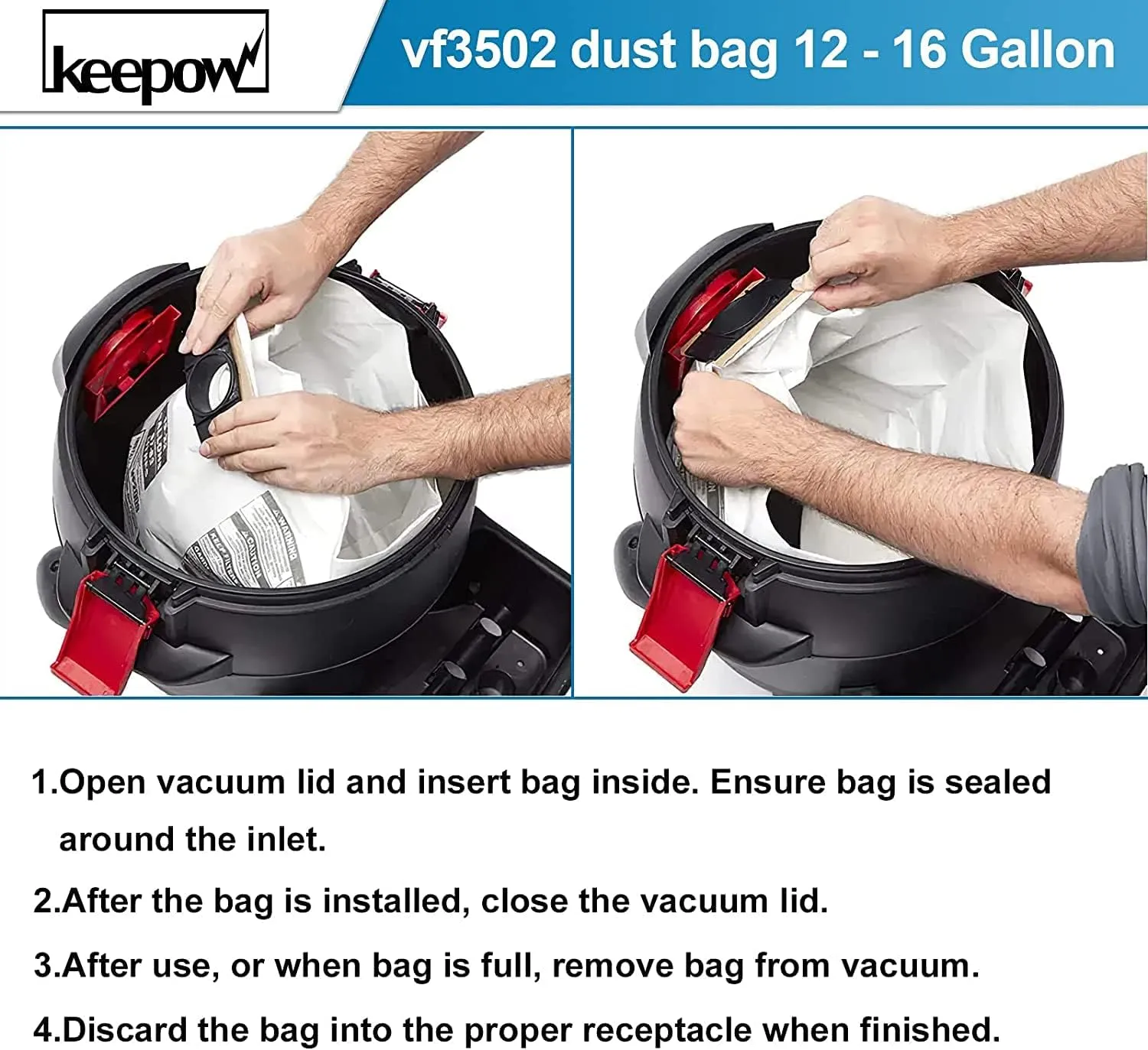 12 Pack VF3502 Shop Vac Bags, Compatible with Ridgid & Craftsman Vacuum 12-16 Gallon, Replacement Fiter Bags, 23743 VF3502 High Efficiency Dust Bags