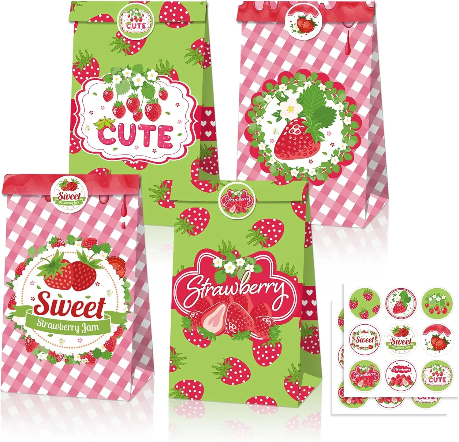 12 Pcs Strawberry Candy Paper Bags Strawberry Party Favor Strawberry Birthday Bags for Party Present Treat Candy Bags Favors Decor Strawberry Birthday Party Supplies