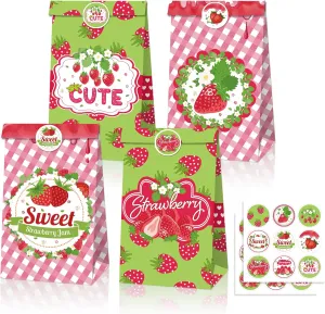 12 Pcs Strawberry Candy Paper Bags Strawberry Party Favor Strawberry Birthday Bags for Party Present Treat Candy Bags Favors Decor Strawberry Birthday Party Supplies