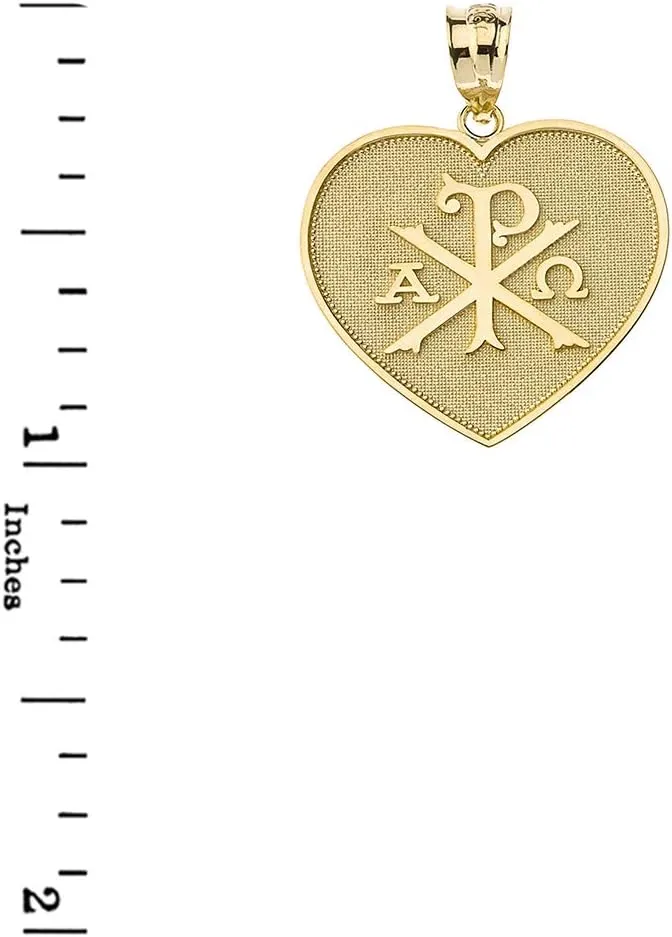 14k Yellow Gold Heart Shaped Chi Rho Alpha Omega Symbol Pendant Necklace