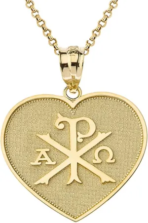 14k Yellow Gold Heart Shaped Chi Rho Alpha Omega Symbol Pendant Necklace