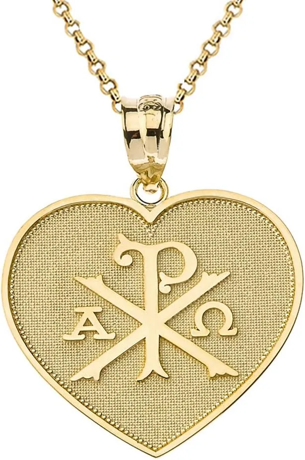 14k Yellow Gold Heart Shaped Chi Rho Alpha Omega Symbol Pendant Necklace