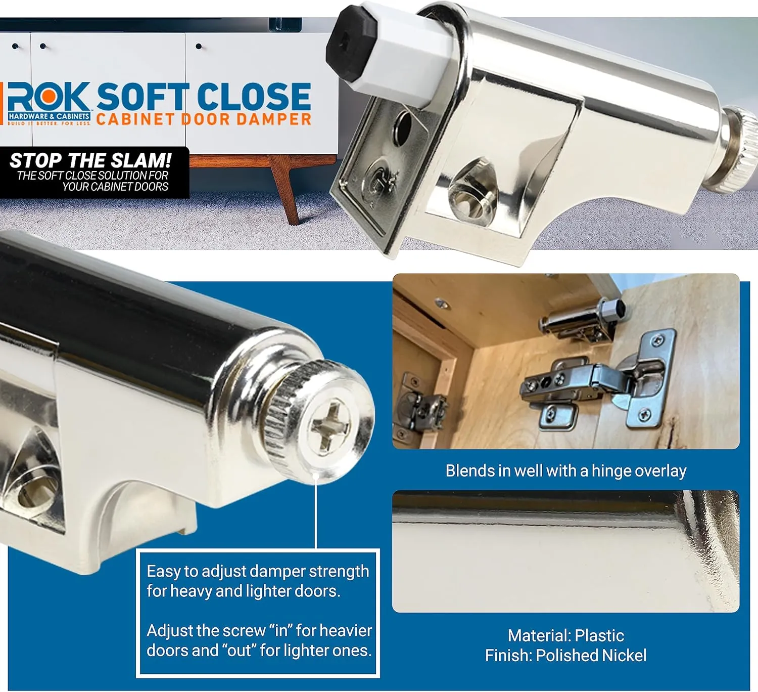 15 Pack Rok Hardware Soft Close Damper for Cabinet Doors/Compact/SoftClose Cabinet Adapter/Hardware/Hinge Polished Nickel Finish, SCD103