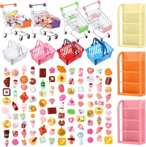161 Pcs Mini Shopping Cart Basket with Food Miniature Grocery Supermarket Trolleys Doll House Accessories Drink Bottle Kids Toy Cosplay Game for Party Accessory(Bright Colors)