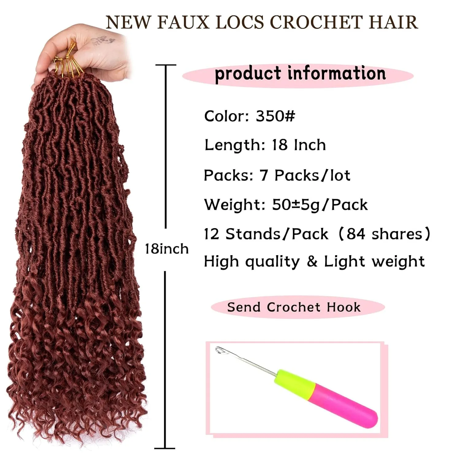 18 Inch New Faux Locs Crochet Hair 7 Packs Cooper Red Wavy Soft Locs Crochet Hair With Curly End Pre-looped Goddess Locs Synthetic Crochet Braiding Hair for Women (12Strands/pack 350#)