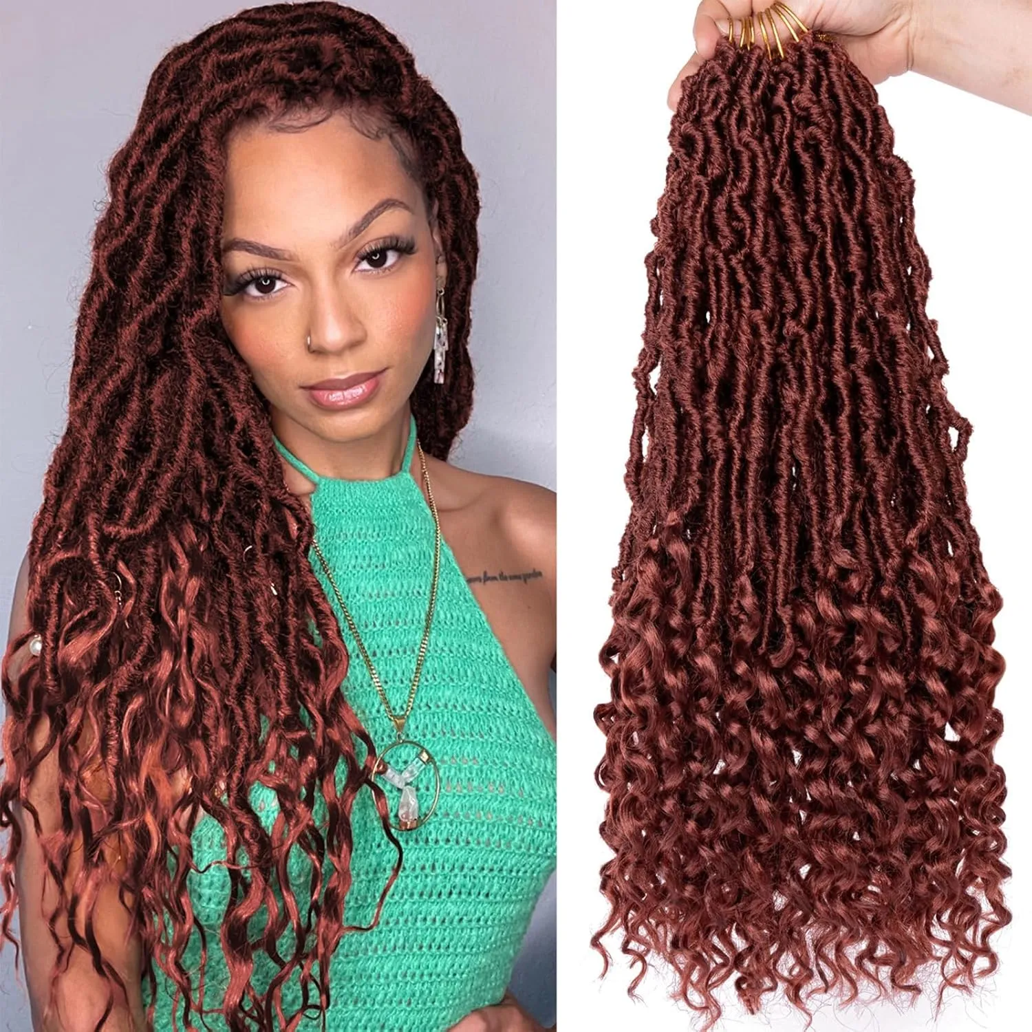 18 Inch New Faux Locs Crochet Hair 7 Packs Cooper Red Wavy Soft Locs Crochet Hair With Curly End Pre-looped Goddess Locs Synthetic Crochet Braiding Hair for Women (12Strands/pack 350#)
