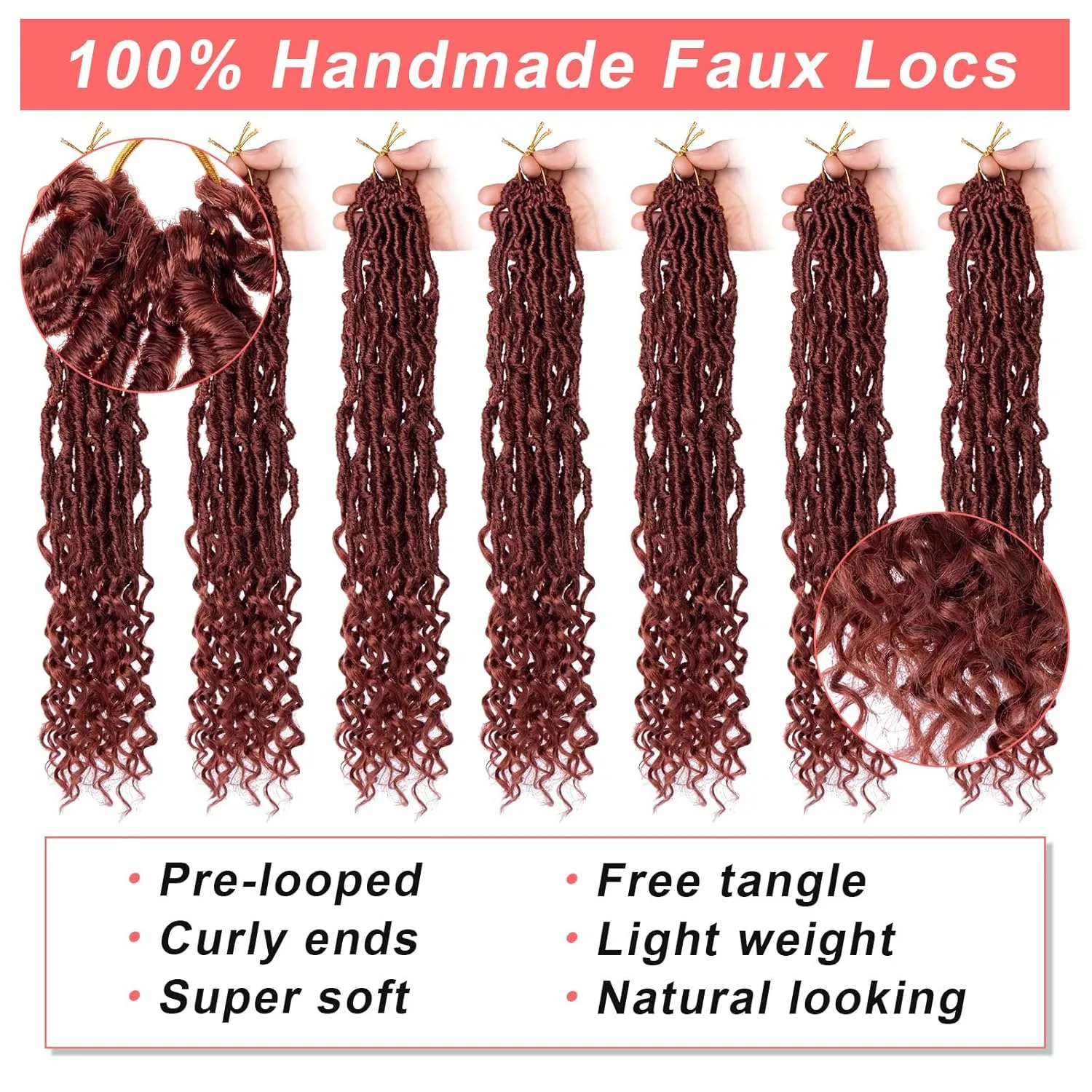 18 Inch New Faux Locs Crochet Hair 7 Packs Cooper Red Wavy Soft Locs Crochet Hair With Curly End Pre-looped Goddess Locs Synthetic Crochet Braiding Hair for Women (12Strands/pack 350#)
