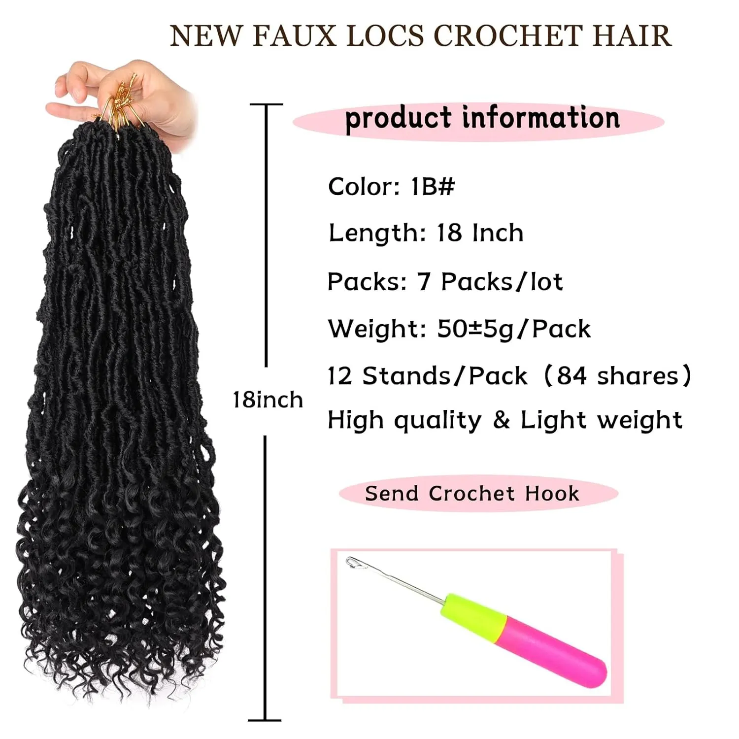 18 Inch New Faux Locs Crochet Hair With Curly Ends 7 Packs Soft Locs Nu Locs Crochet Hair Pre-looped Goddess Locs Natural Black Synthetic Crochet Braiding Hair for Women (12Strands/pack 1B#)