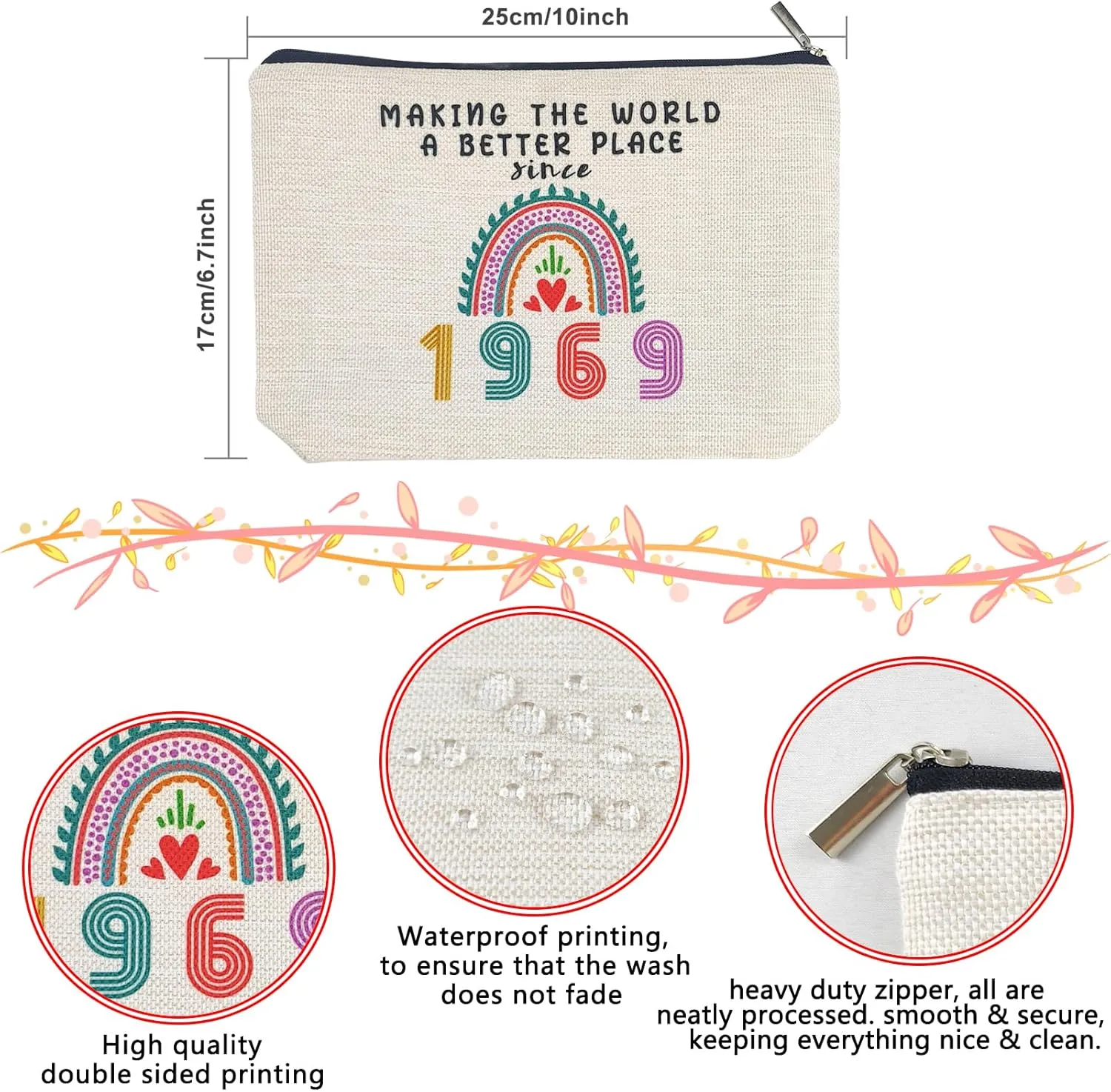 1969 Birthday Gifts for Women Mom Her Grandmother Makeup Bag, Funny 56th Birthday Anniversary Decorations Gift Ideas for 56 Year Old Grandma, Wife, Aunt, Mothers Day, Christmas, Cosmetic Travel Bags