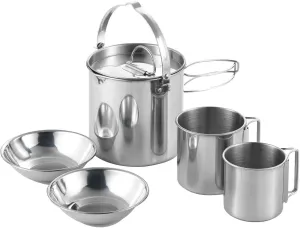 1Pc 1 Camping Kettle or 5Pcs 1 Camping Kettle 2 Cups 2 Bowls Stainless Steel Outdoor Cooking Kettle 1.2L Lightweight Compact Camping Pot Teakettle Hiking Backpacking Picnic