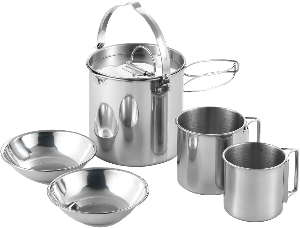 1Pc 1 Camping Kettle or 5Pcs 1 Camping Kettle 2 Cups 2 Bowls Stainless Steel Outdoor Cooking Kettle 1.2L Lightweight Compact Camping Pot Teakettle Hiking Backpacking Picnic