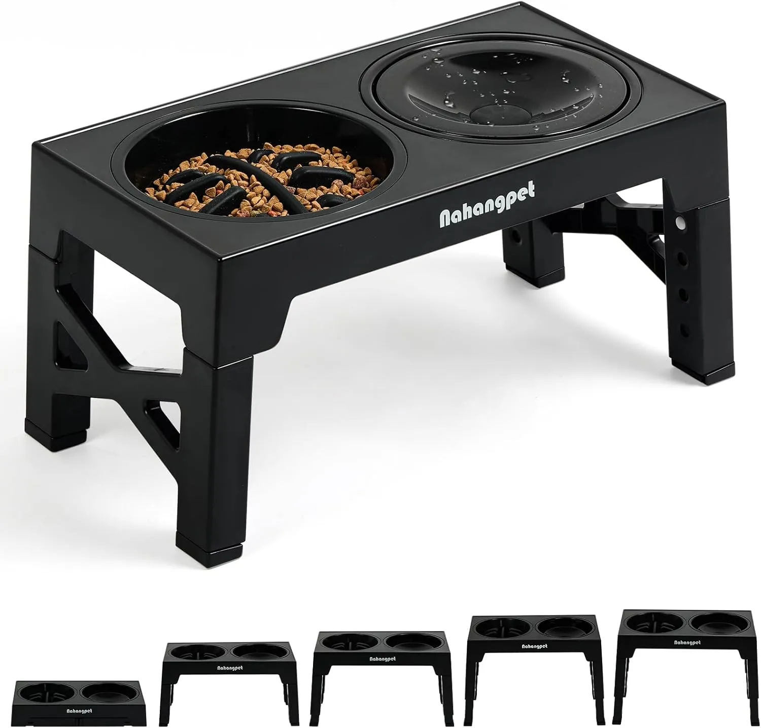 2-in-1 Elevated Slow Feeder Dog Bowls for Food and Water, 5 Heights Adjustable Raised Dog Bowls, Non-Slip, No Spill, for Small Medium Large Dogs and Cats(Black)