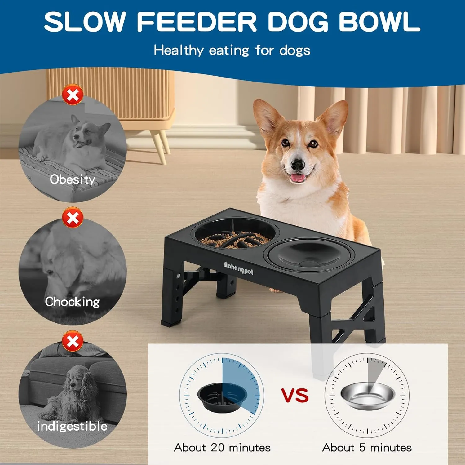 2-in-1 Elevated Slow Feeder Dog Bowls for Food and Water, 5 Heights Adjustable Raised Dog Bowls, Non-Slip, No Spill, for Small Medium Large Dogs and Cats(Black)
