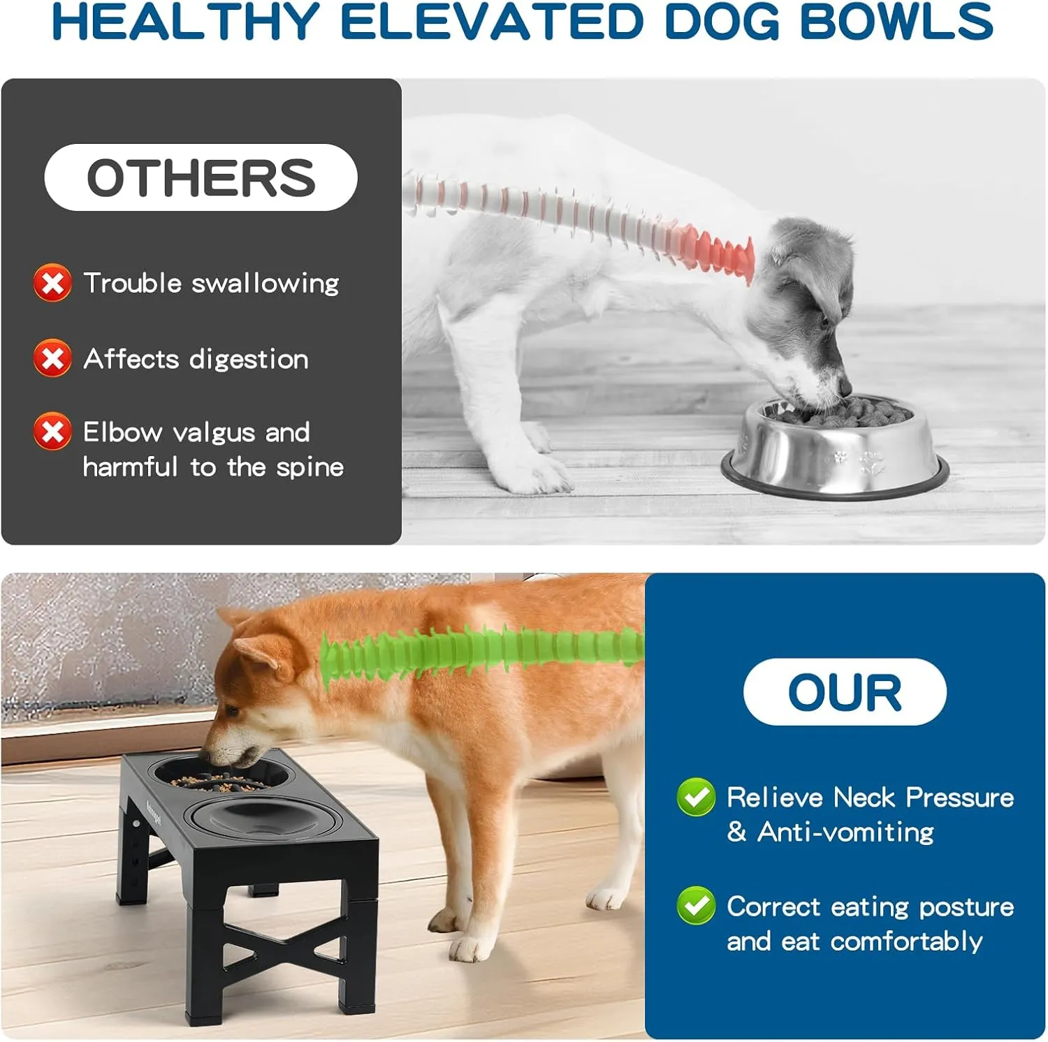 2-in-1 Elevated Slow Feeder Dog Bowls for Food and Water, 5 Heights Adjustable Raised Dog Bowls, Non-Slip, No Spill, for Small Medium Large Dogs and Cats(Black)