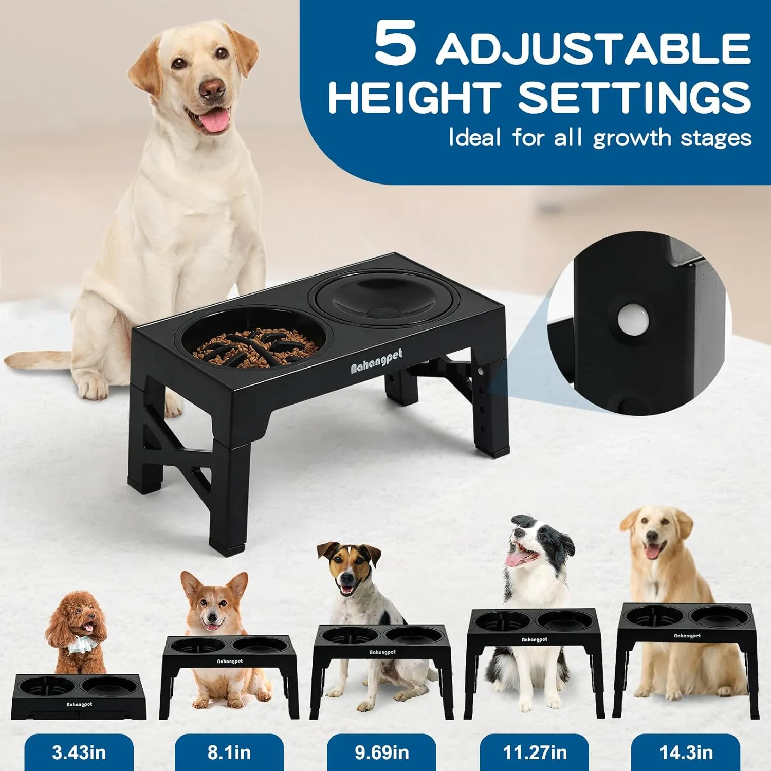 2-in-1 Elevated Slow Feeder Dog Bowls for Food and Water, 5 Heights Adjustable Raised Dog Bowls, Non-Slip, No Spill, for Small Medium Large Dogs and Cats(Black)