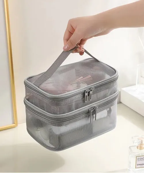 2 Layer Cosmectic Mesh Bag, Double Layer Cosmetic Bag, Easy Classification Large Capacity Mesh Cosmetic Bag with Sturdy Handle for Travel Black Double Layer