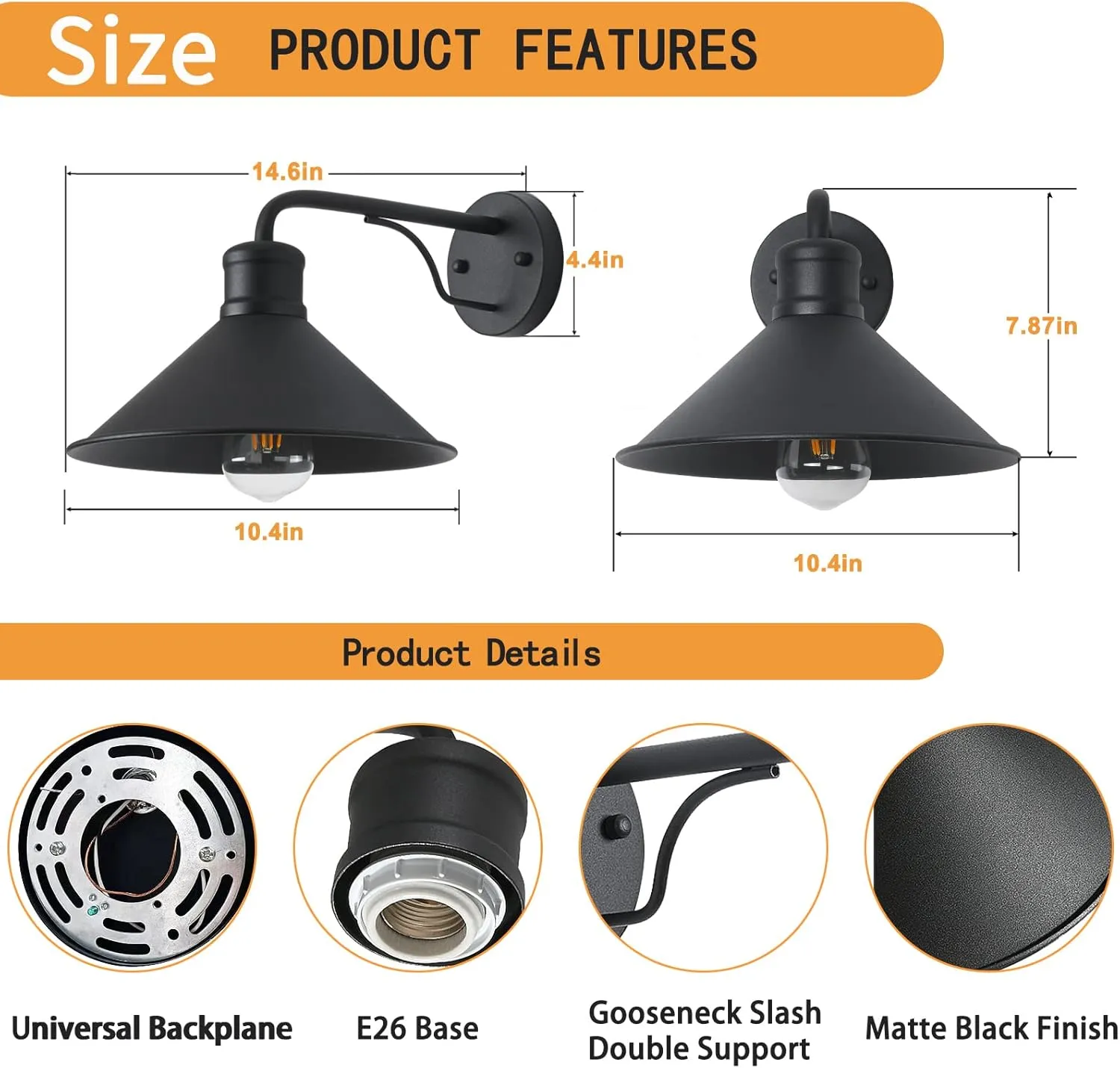 2 Pack Outdoor Wall Lights Wall Mount for House, Porch Light Fixtures, Matte Black Modern Farmhouse Wall Sconce, Classic Barn Lights Outdoor & Indoor-E26 Socket