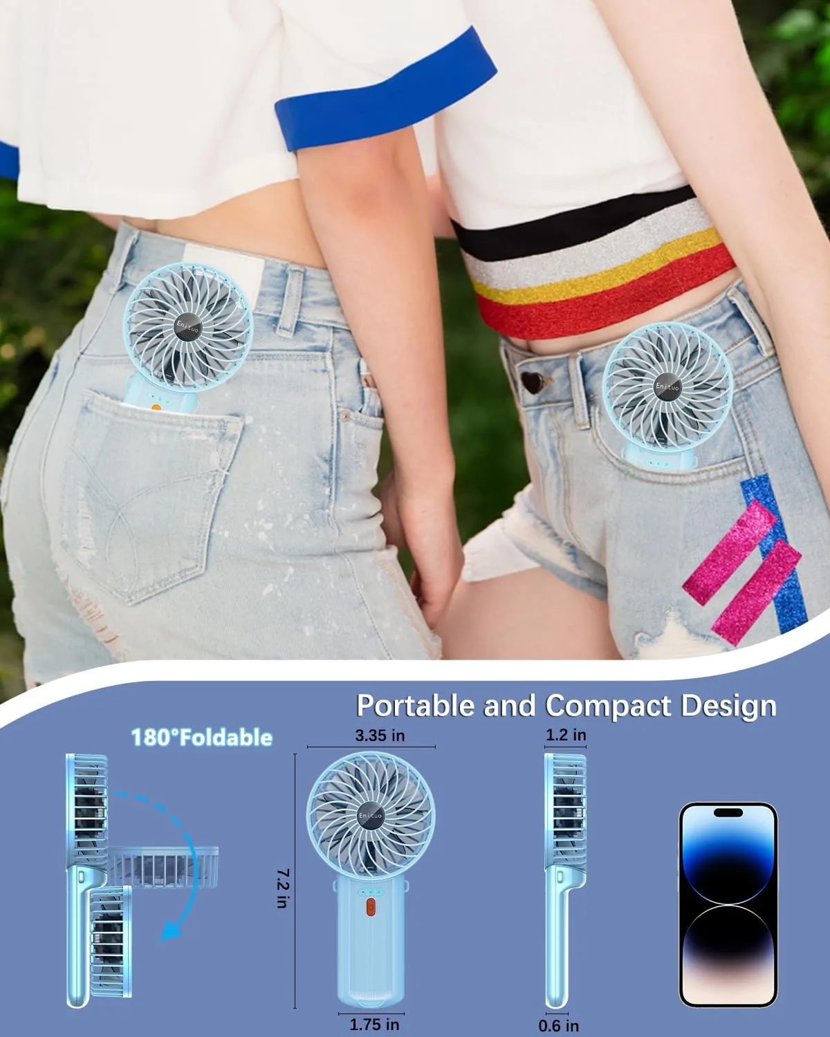 2 Pack Portable Handheld Fan, Mini Hand Held Fan, 6-15H Cooling Small Personal Fan, 180° Foldable Mini Desk Fan with 4 Quiet Speed, Neck Fan w/Lanyard for Kids Women Men Travel Office, Light Blue