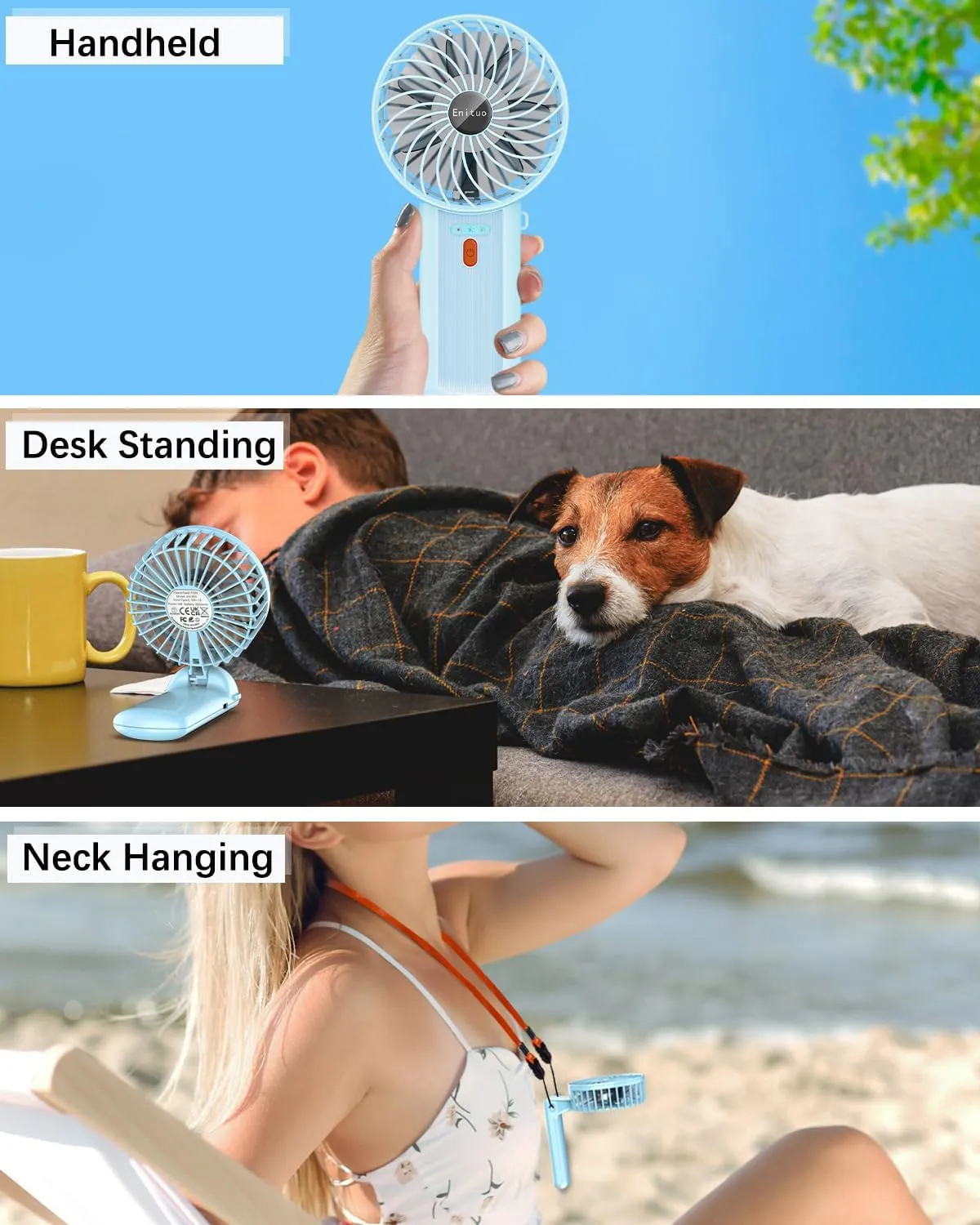 2 Pack Portable Handheld Fan, Mini Hand Held Fan, 6-15H Cooling Small Personal Fan, 180° Foldable Mini Desk Fan with 4 Quiet Speed, Neck Fan w/Lanyard for Kids Women Men Travel Office, Light Blue