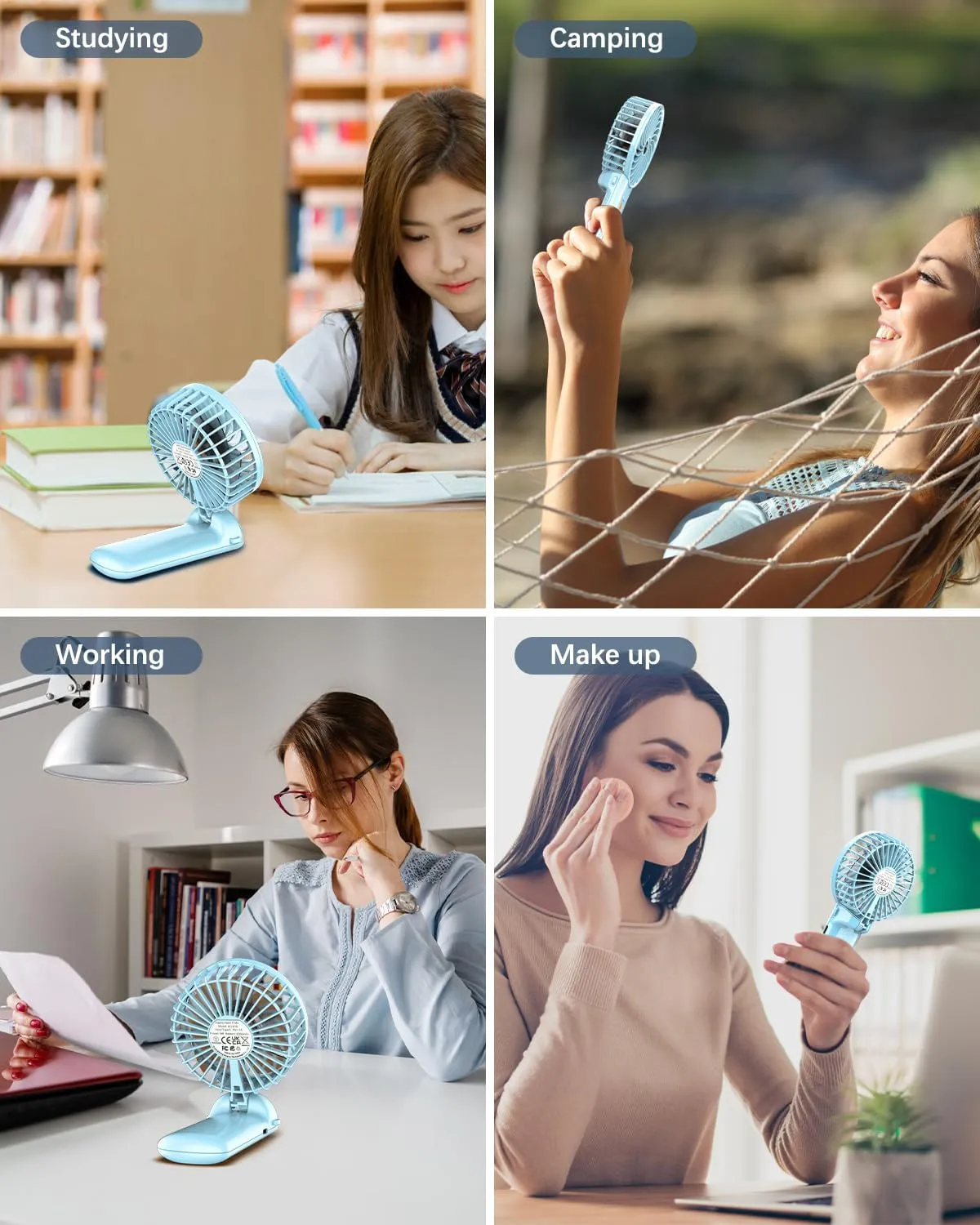 2 Pack Portable Handheld Fan, Mini Hand Held Fan, 6-15H Cooling Small Personal Fan, 180° Foldable Mini Desk Fan with 4 Quiet Speed, Neck Fan w/Lanyard for Kids Women Men Travel Office, Light Blue
