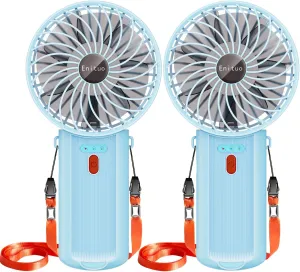 2 Pack Portable Handheld Fan, Mini Hand Held Fan, 6-15H Cooling Small Personal Fan, 180° Foldable Mini Desk Fan with 4 Quiet Speed, Neck Fan w/Lanyard for Kids Women Men Travel Office, Light Blue