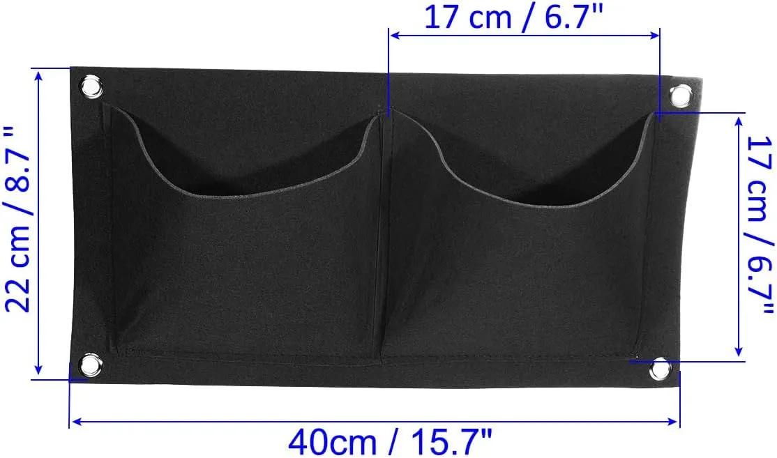 2 Pack Vertical Hanging Grow Bags - Wall-Mounted Felt Flower Pot Bag Plant Container with 2 Pockets Apply to Garden/Decor (Black)