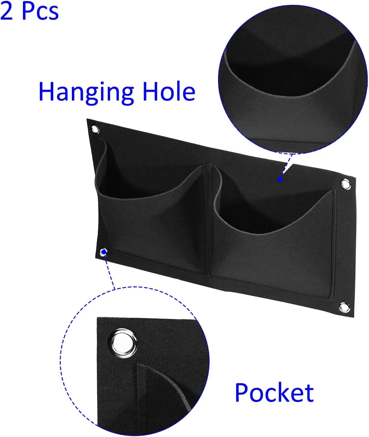 2 Pack Vertical Hanging Grow Bags - Wall-Mounted Felt Flower Pot Bag Plant Container with 2 Pockets Apply to Garden/Decor (Black)